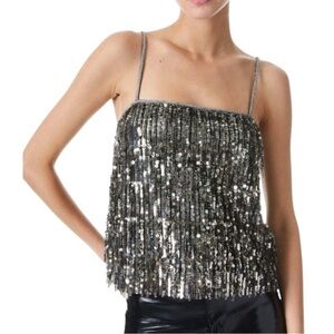 Alice + Olivia Sequin Embellished Beaded Silver Top NWT Size Large